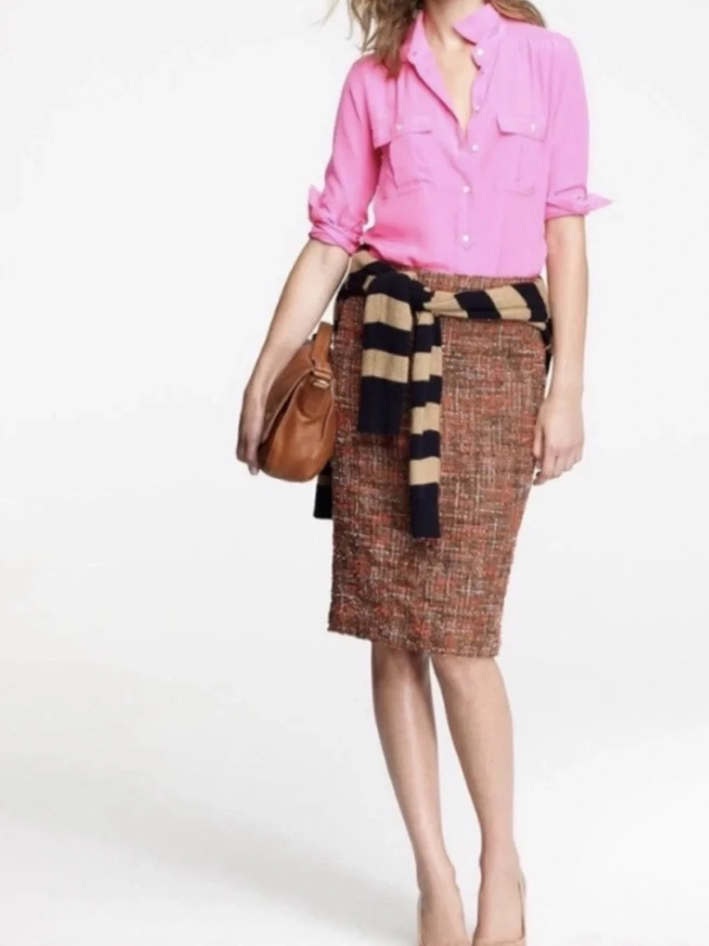 J.Crew Textured Bouclé Tweed Pencil Skirt Size 2 Brown Pink Multicolor Office